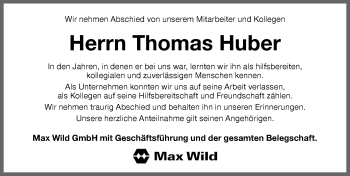 Traueranzeige von Thomas Huber von Memminger Zeitung
