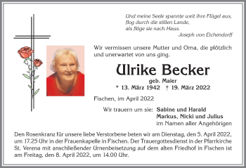 Traueranzeige von Ulrike Becker von Allgäuer Anzeigeblatt