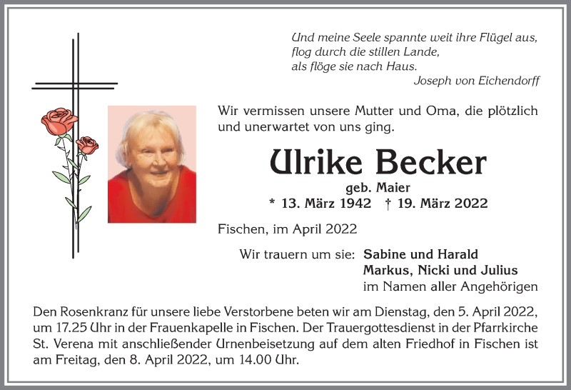  Traueranzeige für Ulrike Becker vom 02.04.2022 aus Allgäuer Anzeigeblatt