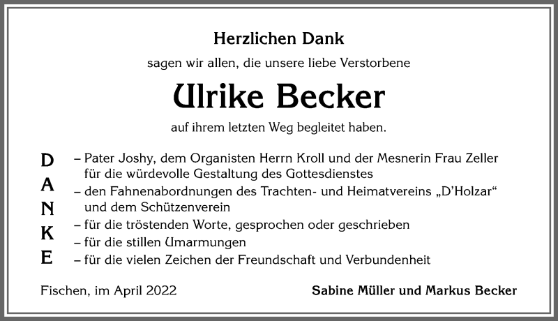  Traueranzeige für Ulrike Becker vom 22.04.2022 aus Allgäuer Anzeigeblatt