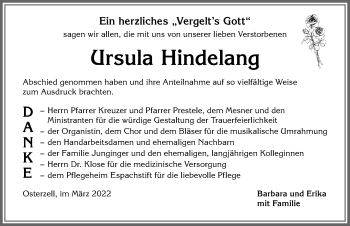 Traueranzeige von Ursula Hindelang von Allgäuer Zeitung, Kaufbeuren/Buchloe