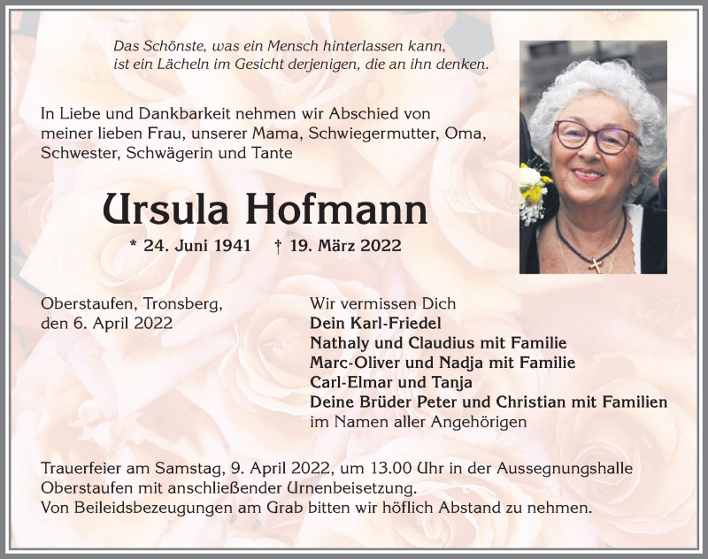  Traueranzeige für Ursula Hofmann vom 06.04.2022 aus Allgäuer Anzeigeblatt