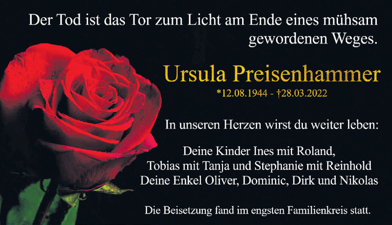 Traueranzeige für Ursula Preisenhammer vom 06.04.2022 aus Der Westallgäuer