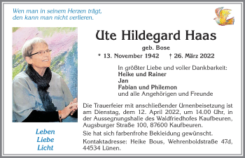 Traueranzeige von Ute Hildegard Haas von Allgäuer Zeitung, Kaufbeuren/Buchloe