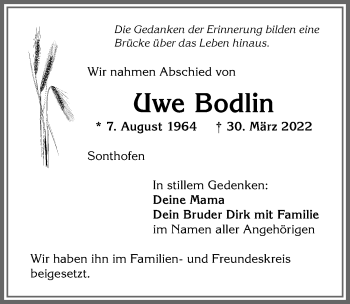 Traueranzeige von Uwe Bodlin von Allgäuer Anzeigeblatt
