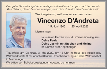 Traueranzeige von Vincenzo D Andreta von Memminger Zeitung