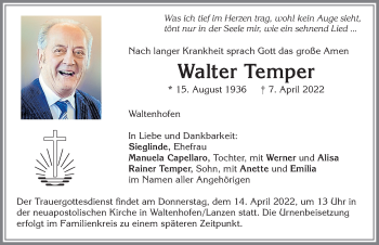 Traueranzeige von Walter Temper von Allgäuer Zeitung,Kempten