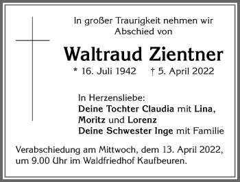 Traueranzeige von Waltraud Zientner von Allgäuer Zeitung, Kaufbeuren/Buchloe
