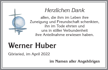Traueranzeige von Werner Huber von Allgäuer Zeitung, Marktoberdorf