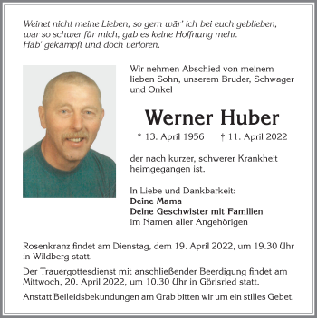 Traueranzeige von Werner Huber von Allgäuer Zeitung, Marktoberdorf