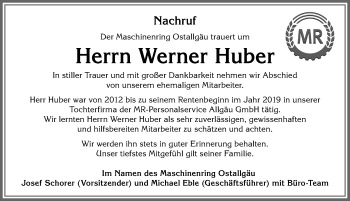 Traueranzeige von Werner Huber von Allgäuer Zeitung, Marktoberdorf