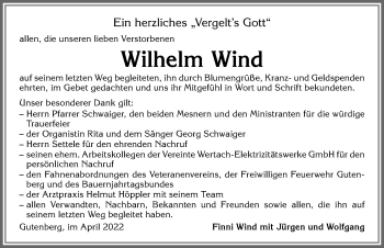 Traueranzeige von Wilhelm Wind von Allgäuer Zeitung, Kaufbeuren/Buchloe
