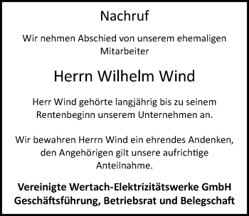Traueranzeige von Wilhelm Wind von Allgäuer Zeitung, Kaufbeuren/Buchloe