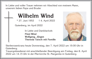 Traueranzeige von Wilhelm Wind von Allgäuer Zeitung, Kaufbeuren/Buchloe