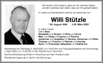 Traueranzeige von Willi Stützle von Memminger Zeitung