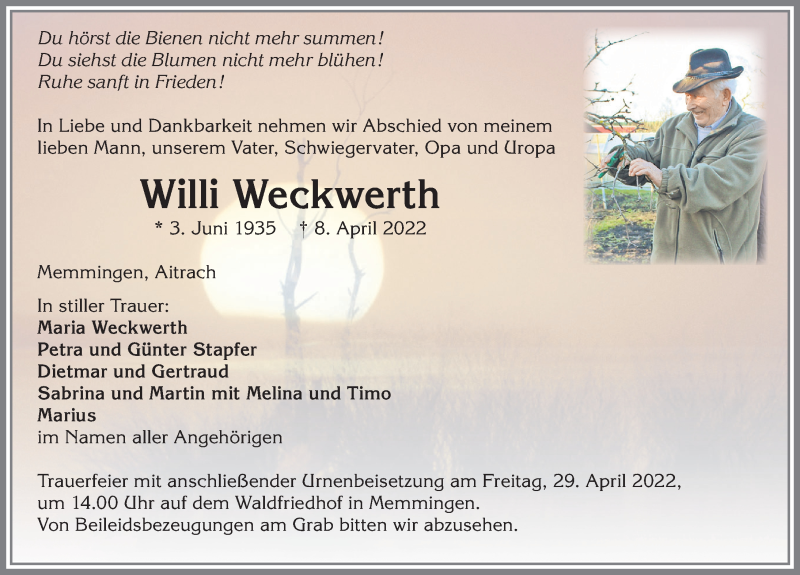  Traueranzeige für Willi Weckwerth vom 26.04.2022 aus Memminger Zeitung