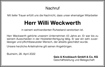 Traueranzeige von Willi Weckwerth von Memminger Zeitung
