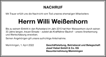 Traueranzeige von Willi Weißenhorn von Memminger Zeitung