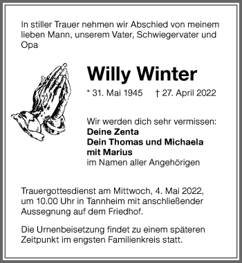 Traueranzeige von Willy Winter von Memminger Zeitung