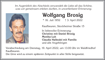 Traueranzeige von Wolfgang Brosig von Allgäuer Zeitung, Kaufbeuren/Buchloe
