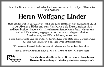 Traueranzeige von Wolfgang Linder von Allgäuer Zeitung,Kempten