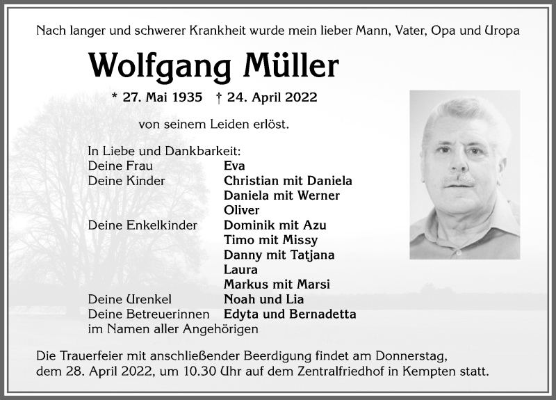  Traueranzeige für Wolfgang Müller vom 26.04.2022 aus Allgäuer Zeitung,Kempten
