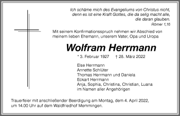 Traueranzeige von Wolfram Herrmann von Memminger Zeitung