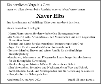 Traueranzeige von Xaver Elbs von Der Westallgäuer