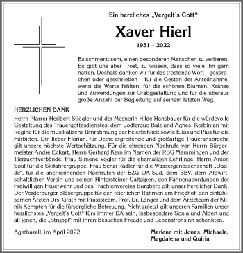 Traueranzeige von Xaver Hierl von Allgäuer Anzeigeblatt