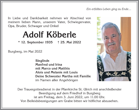 Traueranzeige von Adolf Köberle von Allgäuer Anzeigeblatt
