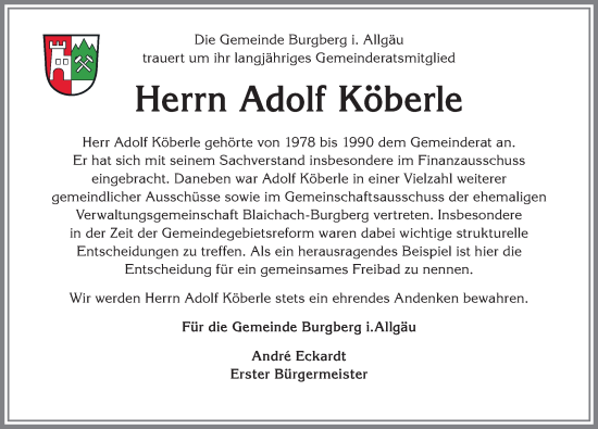 Traueranzeige von Adolf Köberle von Allgäuer Anzeigeblatt