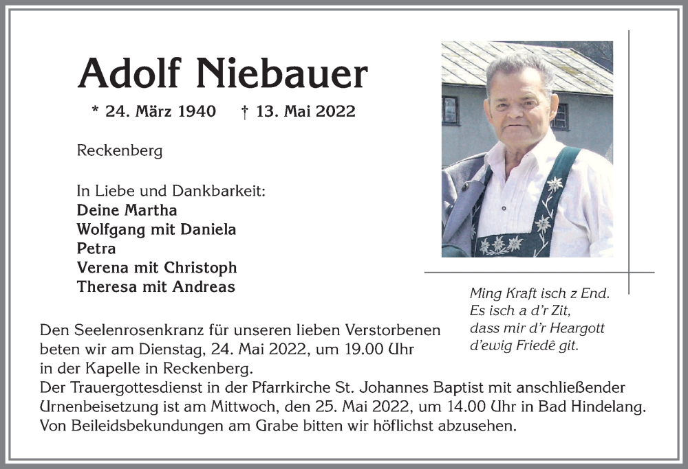  Traueranzeige für Adolf Niebauer vom 21.05.2022 aus Allgäuer Anzeigeblatt