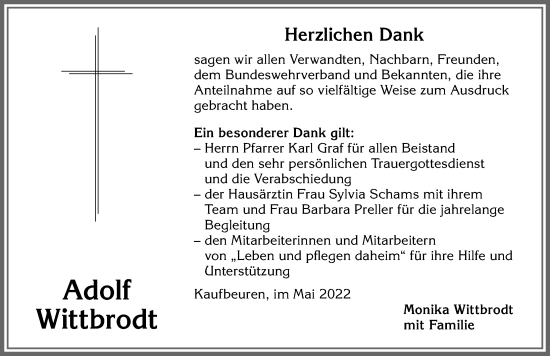Traueranzeige von Adolf Wittbrodt von Allgäuer Zeitung, Kaufbeuren/Buchloe