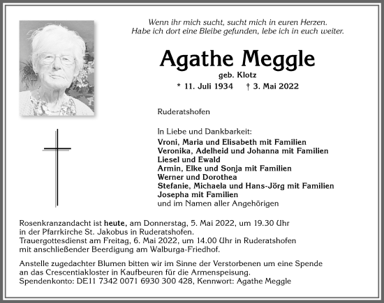 Traueranzeige von Agathe Meggle von Allgäuer Zeitung, Kaufbeuren/Buchloe