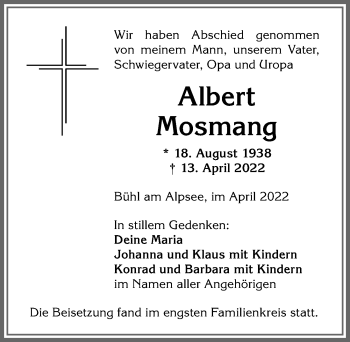 Traueranzeige von Albert Mosmang von Allgäuer Anzeigeblatt