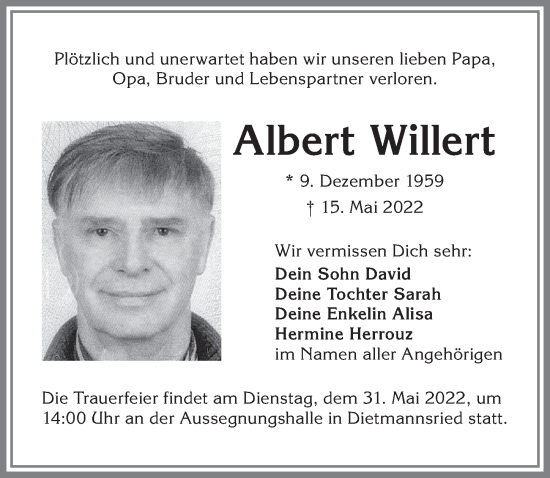 Traueranzeige von Albert Willert von Allgäuer Zeitung, Marktoberdorf