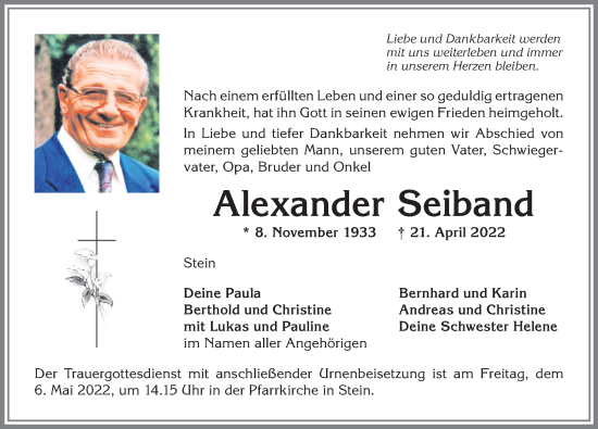 Traueranzeige von Alexander Seiband von Allgäuer Anzeigeblatt