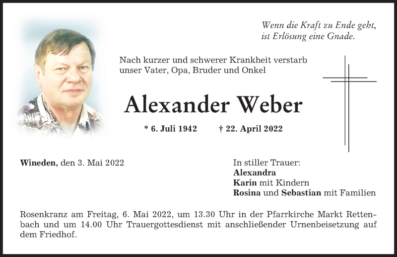  Traueranzeige für Alexander Weber vom 03.05.2022 aus Memminger Zeitung