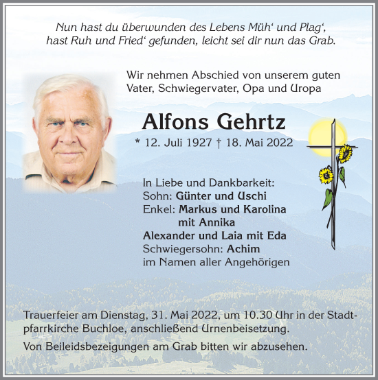 Traueranzeige von Alfons Gehrtz von Allgäuer Zeitung, Kaufbeuren/Buchloe