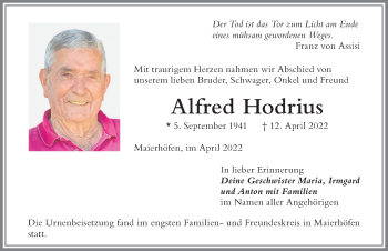 Traueranzeige von Alfred Hodrius von Der Westallgäuer