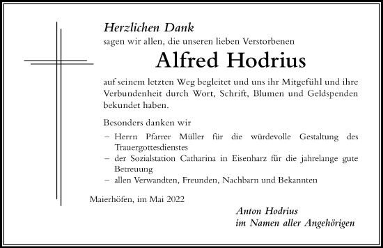 Traueranzeige von Alfred Hodrius von Der Westallgäuer
