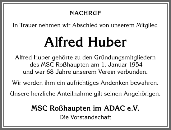 Traueranzeige von Alfred Huber von Allgäuer Zeitung, Füssen