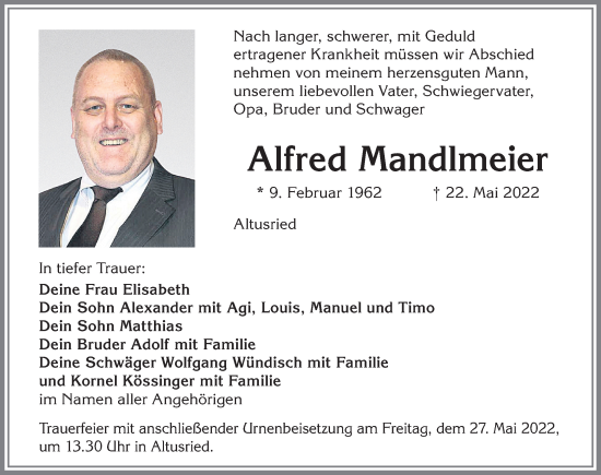 Traueranzeige von Alfred Mandlmeier von Allgäuer Zeitung,Kempten