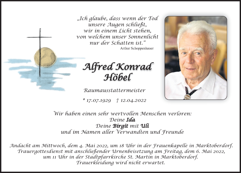  Traueranzeige für Alfred Konrad Höbel vom 02.05.2022 aus Allgäuer Zeitung, Marktoberdorf