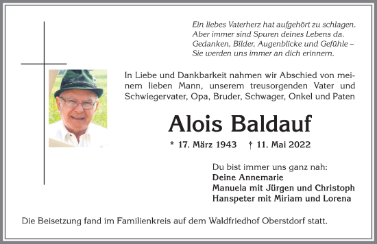 Traueranzeige von Alois Baldauf von Allgäuer Anzeigeblatt