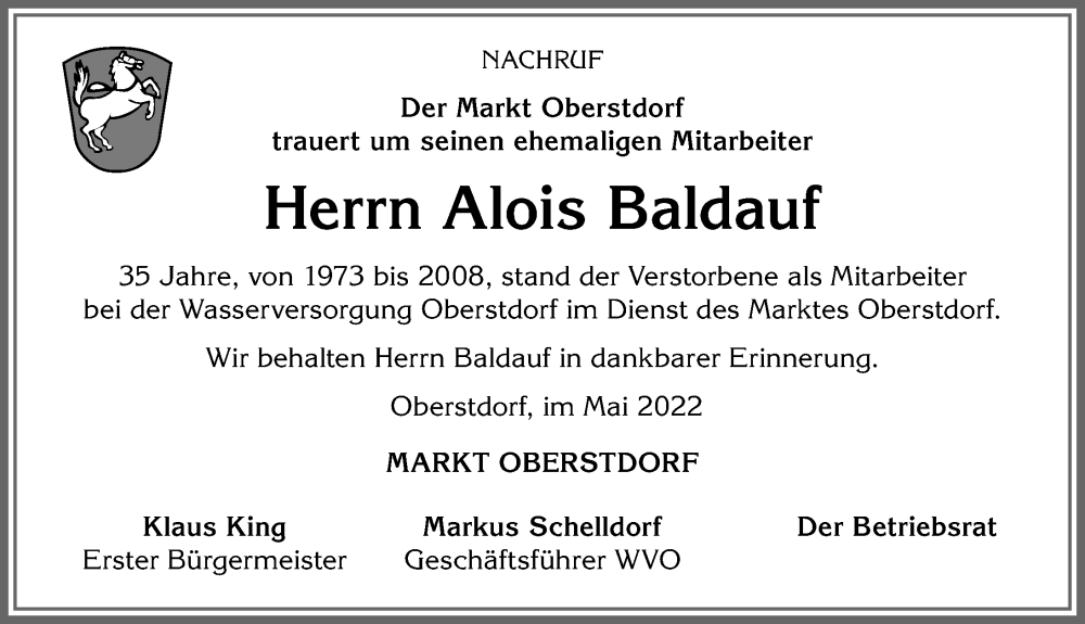  Traueranzeige für Alois Baldauf vom 21.05.2022 aus Allgäuer Anzeigeblatt