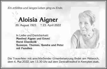 Traueranzeige von Aloisia Aigner von Allgäuer Zeitung,Kempten