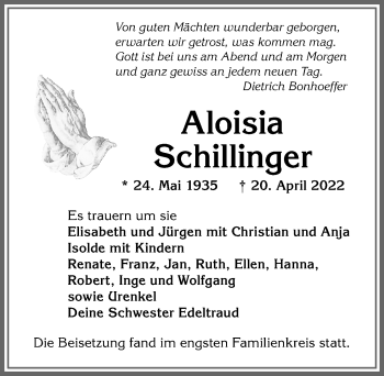 Traueranzeige von Aloisia Schillinger von Allgäuer Anzeigeblatt