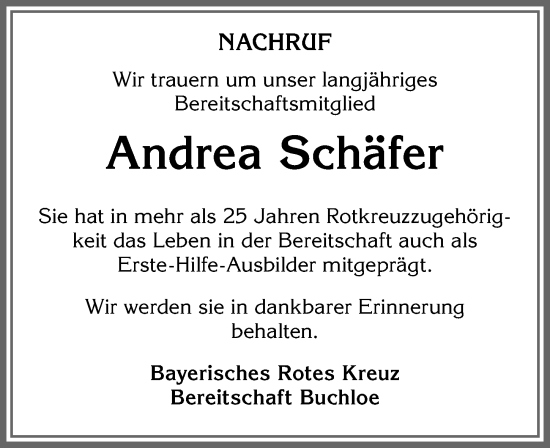 Traueranzeige von Andrea Schäfer von Allgäuer Zeitung, Kaufbeuren/Buchloe