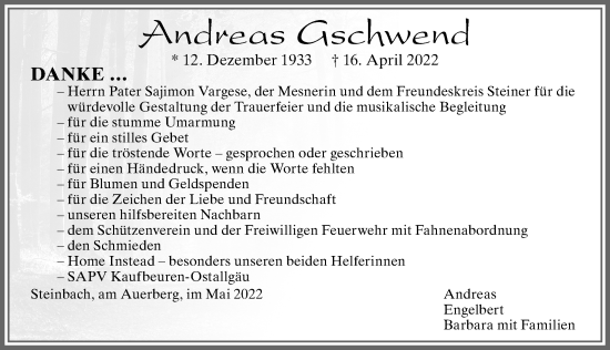 Traueranzeige von Andreas Gschwend von Allgäuer Zeitung, Marktoberdorf